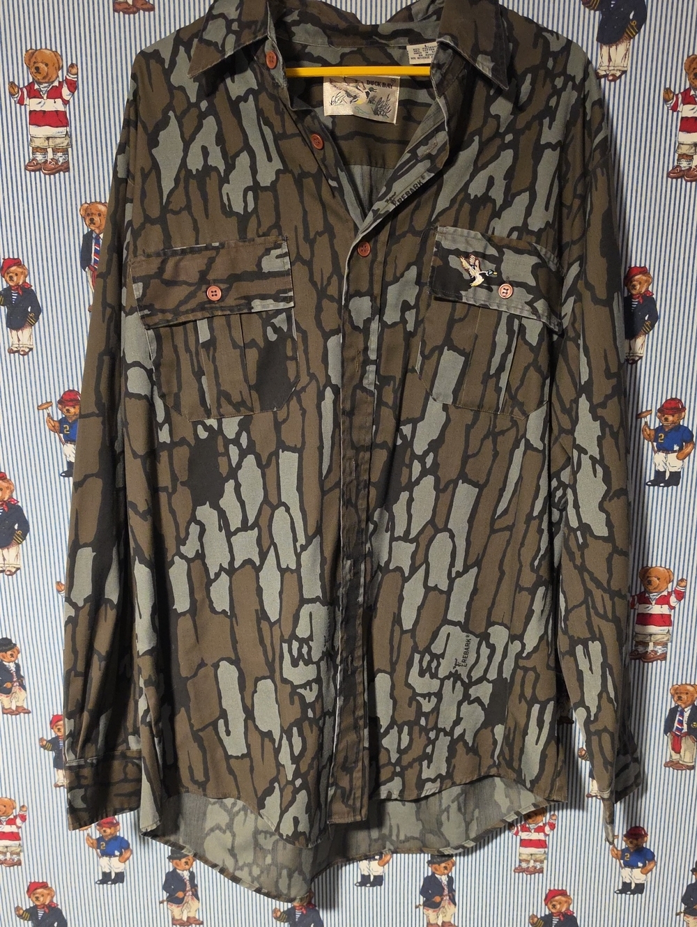 Vintage Duck Bay Tree Bark Camo Shirt USA Button Up Large